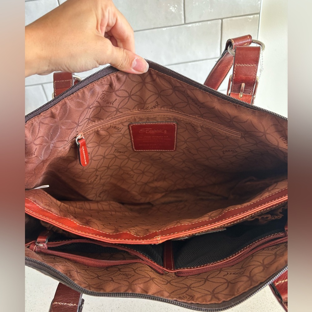Vintage Fossil Large Brown Leather Business Laptop Tote Travel Purse Bag - Picture 6 of 11